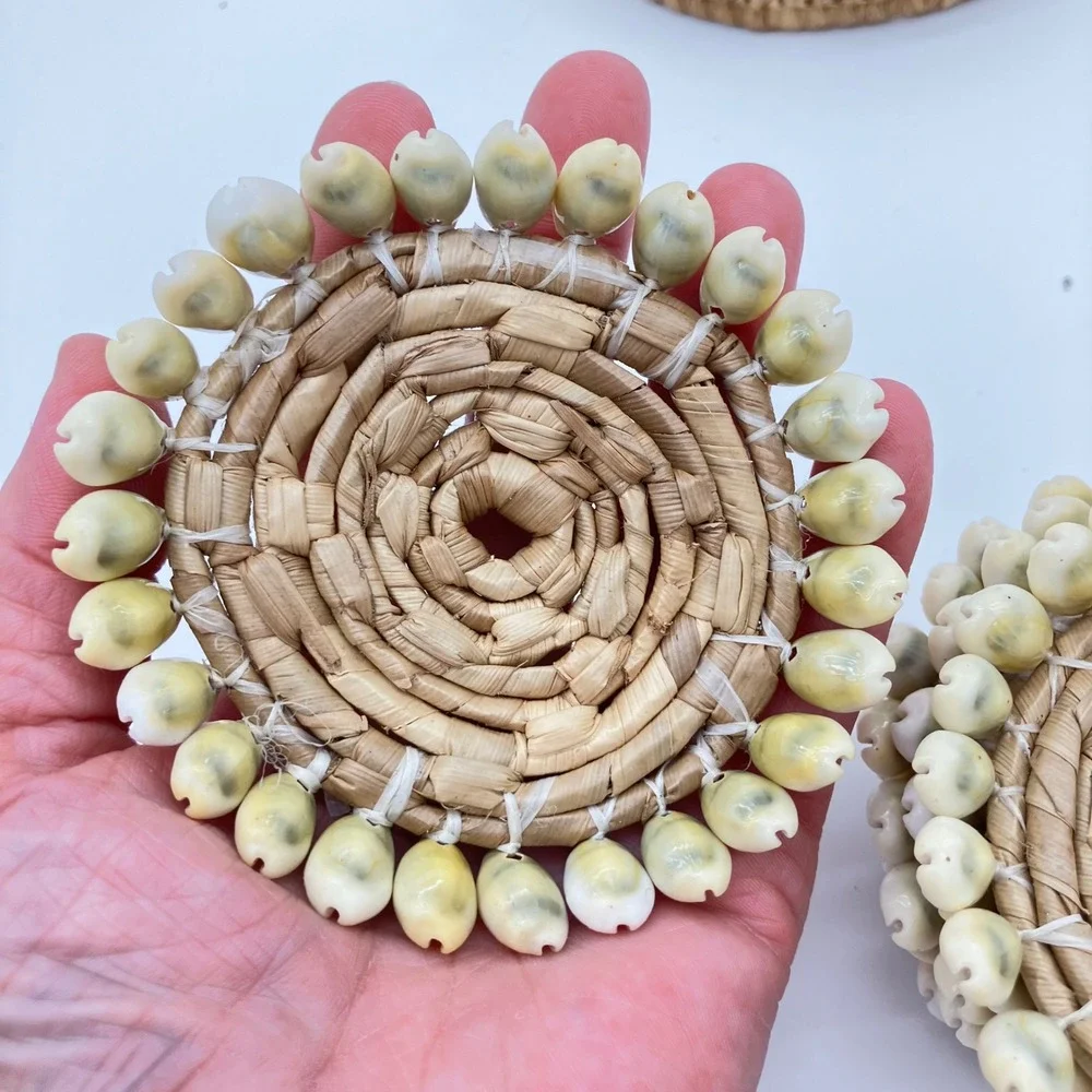 Woven Straw Coaster Set 6pc Natural Cowrie Shell Trim Boho Coastal